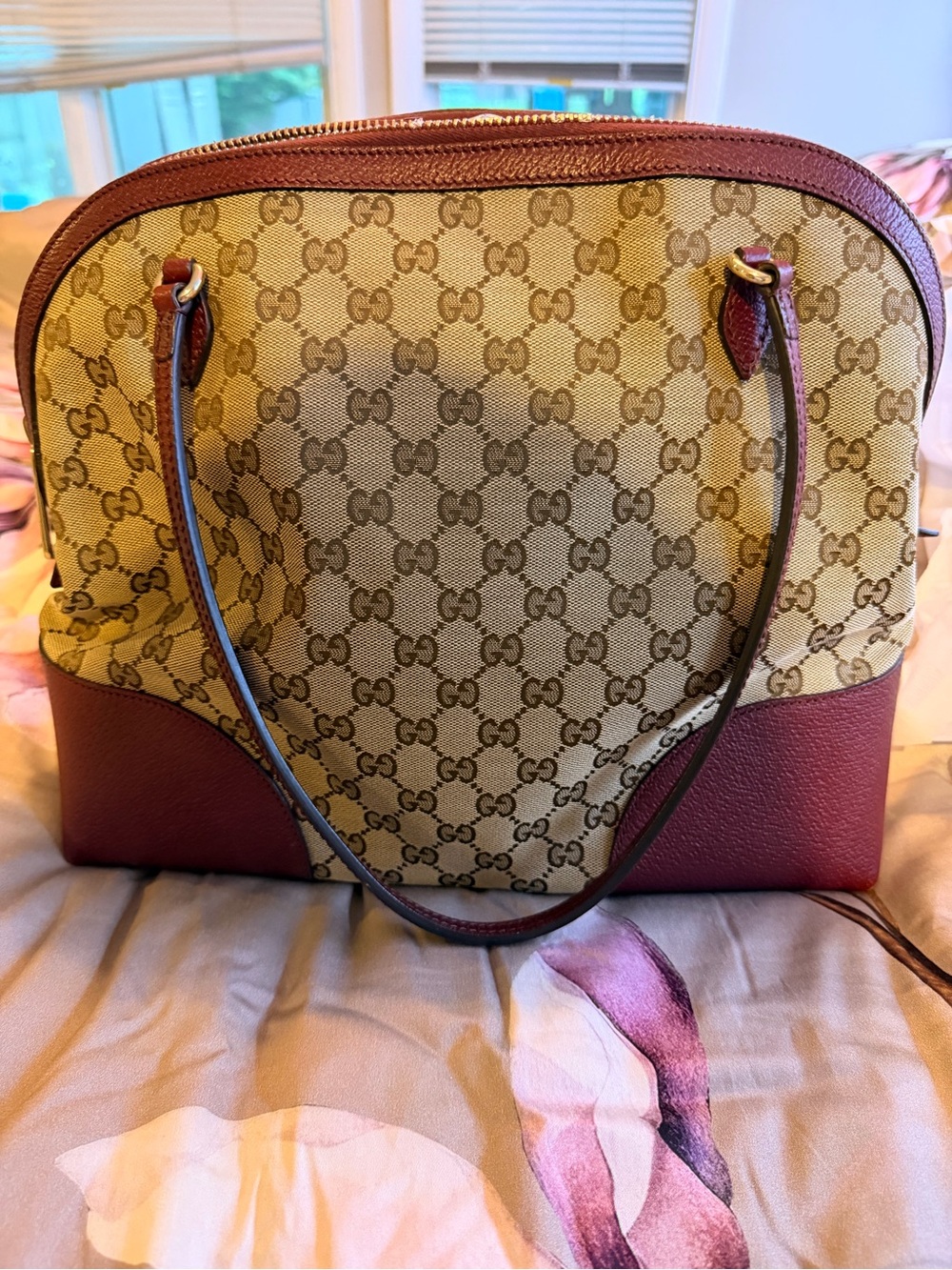 Gucci Beige Monogram Canvas Shoulder Bag with Burgundy Leather Trim